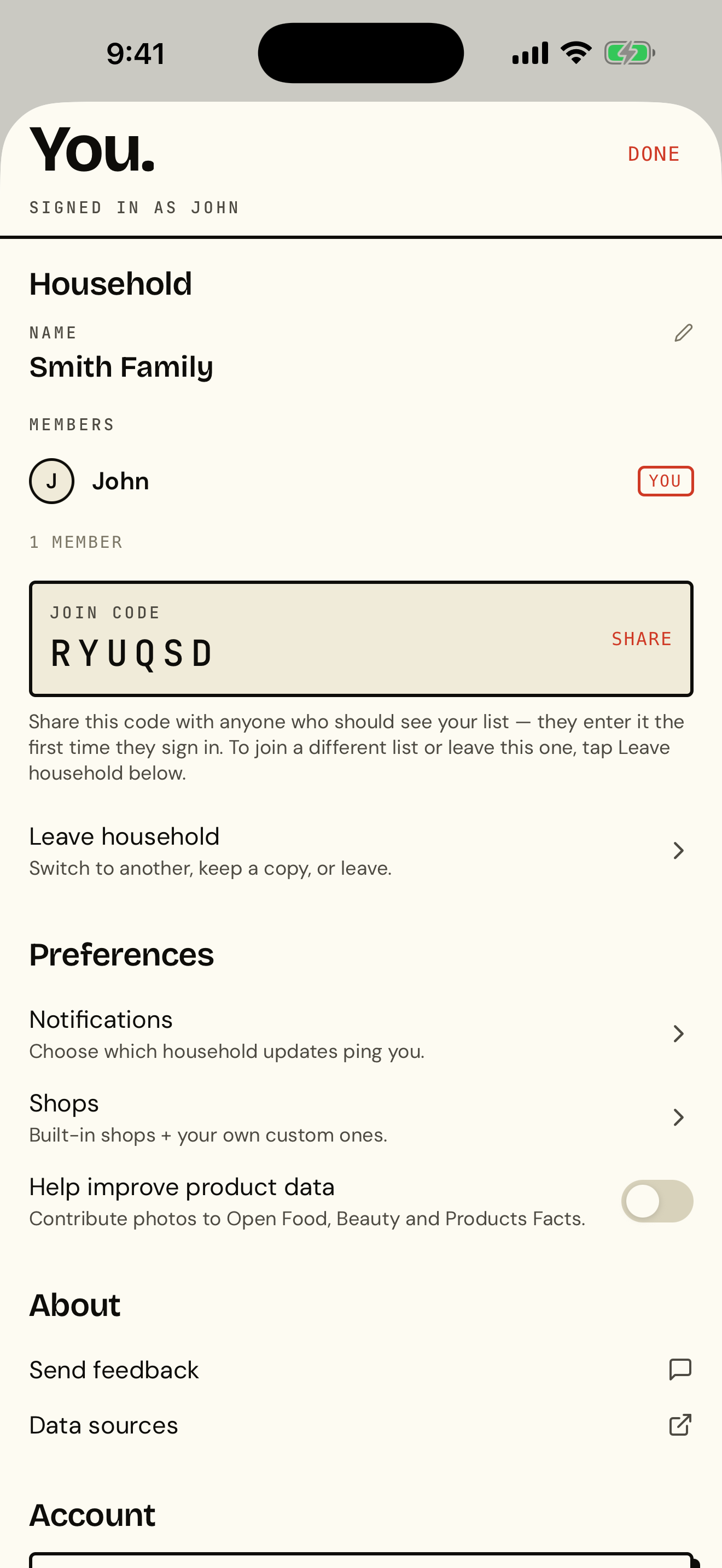 The Shops household settings showing the shared join code and member list for sharing one list across a household.