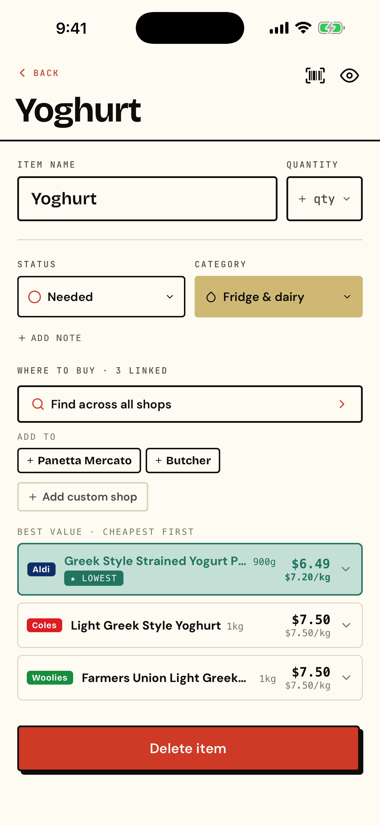 The Shops item screen showing one list item with the products chosen to compare at Coles, Woolworths and Aldi, each with its price and unit price.