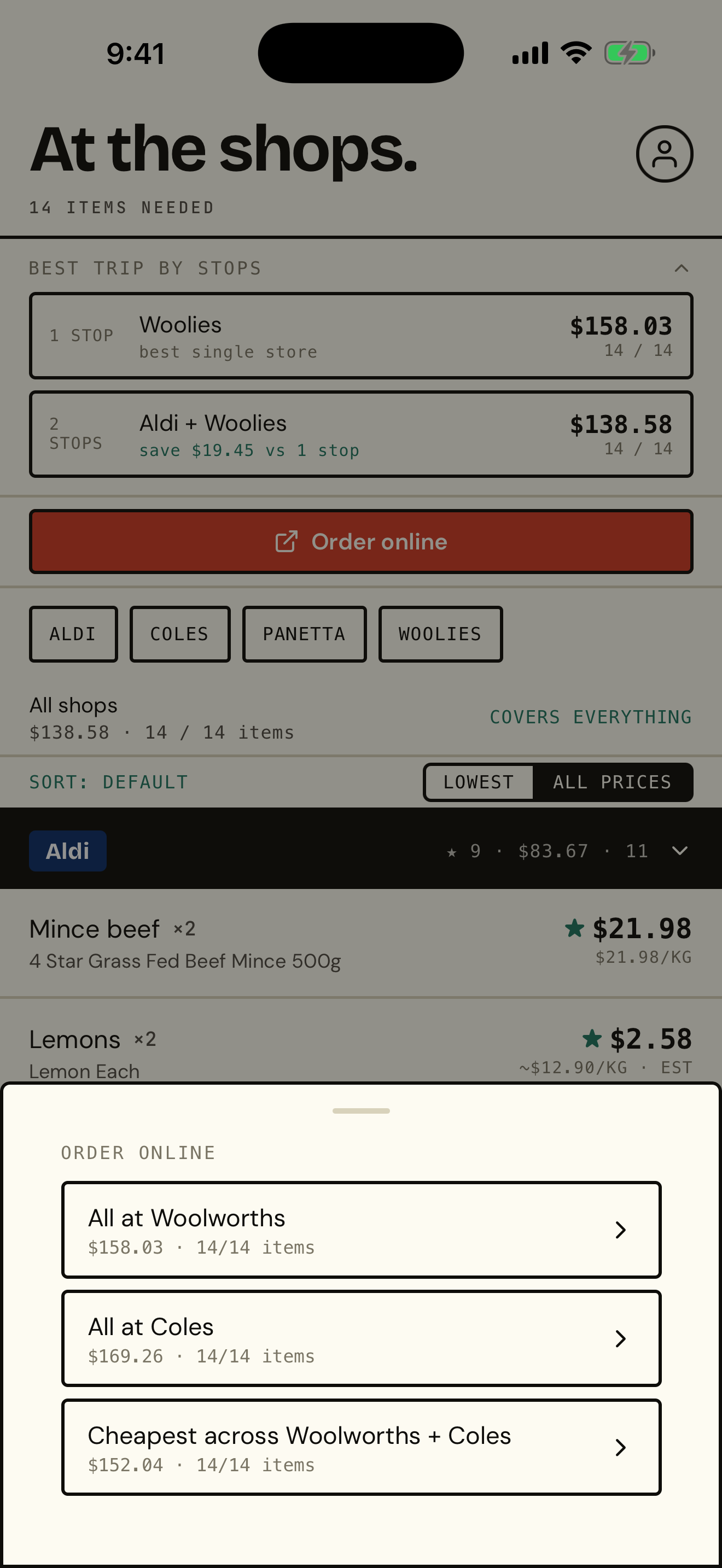 The Shops Order online sheet offering to send the list to Woolworths, to Coles, or the cheapest split across both, each showing the basket total.