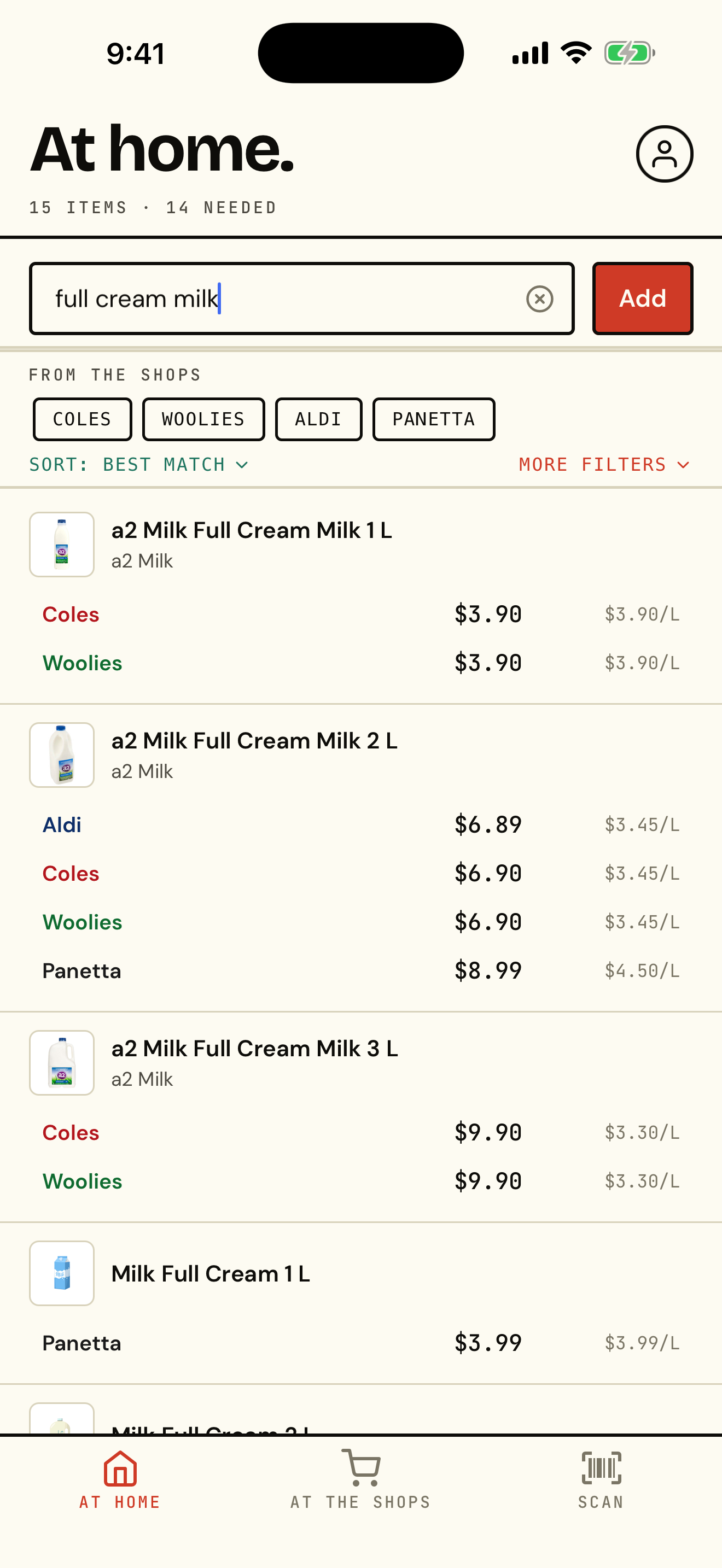 The Shops cross-store search for full cream milk, showing the same products grouped across Coles, Woolworths, Aldi and Panetta with each store's price and per-litre unit price.