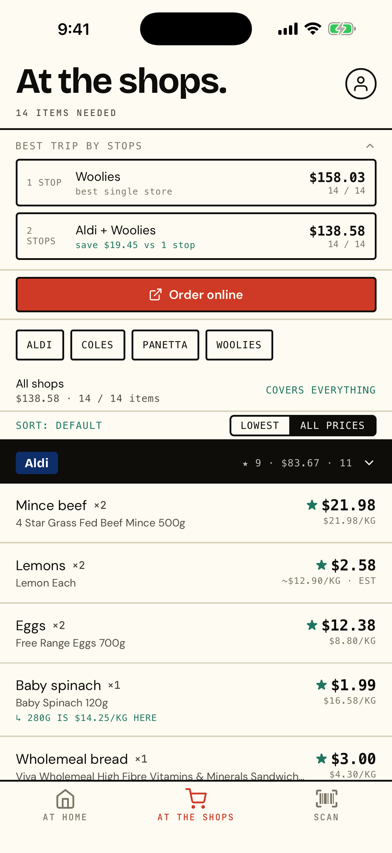 The Shops Best trip by stops panel comparing one-stop and two-stop shopping totals with the dollar saving from splitting the trip.